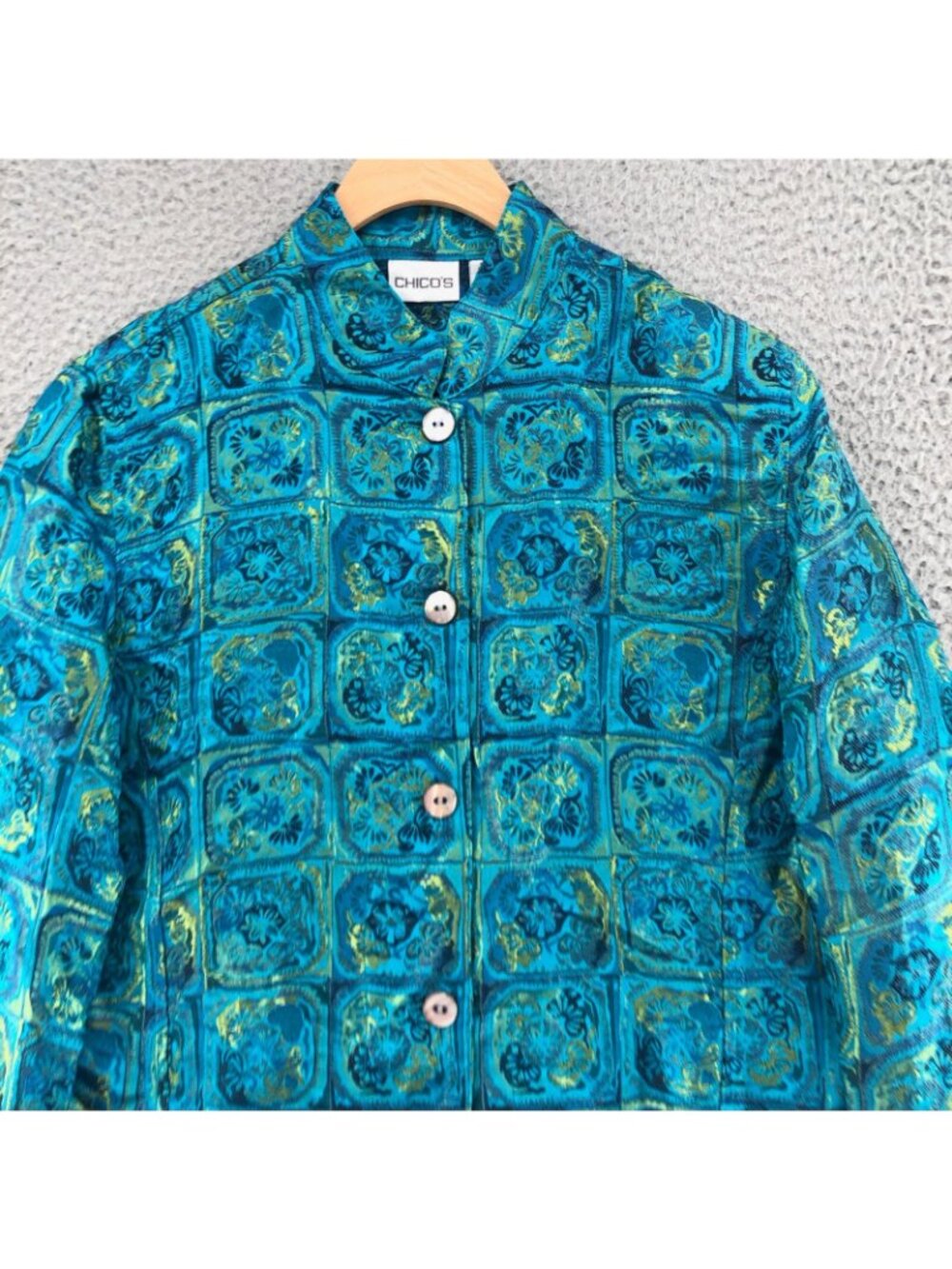 Chicos Jacket Women 0 US Small Green Blue Floral Silk Blend Button Asian Shimmer - Picture 2 of 9